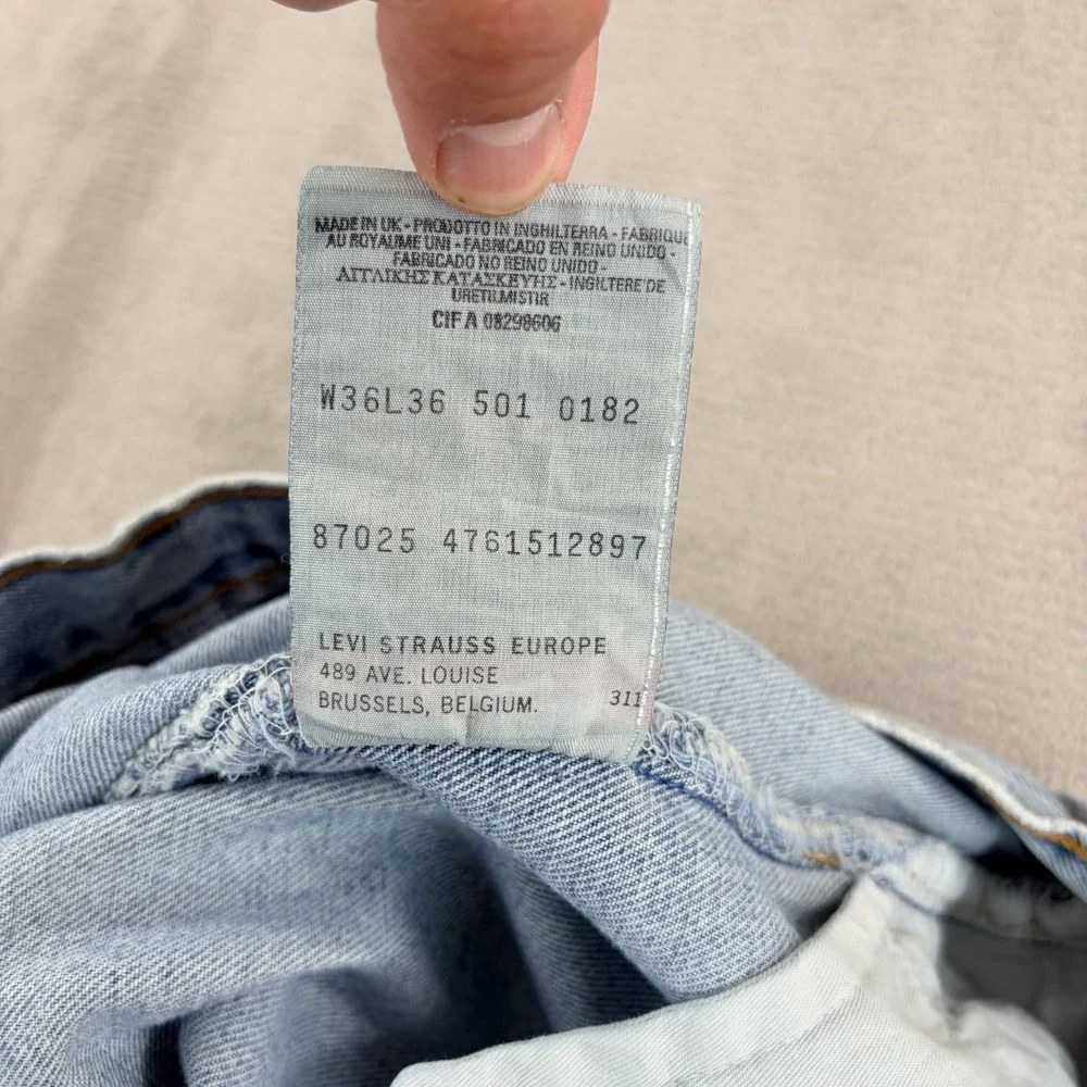 Vintage‎ Levis 501 Jeans Men 34x35 (Tag 36x36) Blue Denim Button Fly Made UK 80s